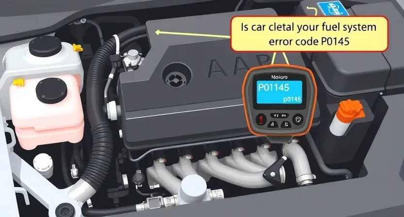 A technical illustration showing a car engine with a diagnostic scanner displaying error code P0145, highlighting fuel system components and warning indicators, clean technical diagram style