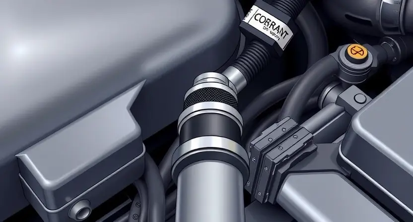 A close-up, detailed illustration of a car's engine bay, focusing on the coolant temperature sensor and surrounding components. The image should convey a sense of technical precision and clarity, highlighting the sensor's location and connection points. Use realistic textures and lighting to depict the metallic parts and hoses.