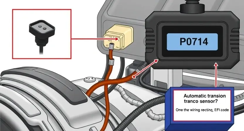 A detailed illustration of an automatic transmission (АКПП) sensor, highlighting the sensor itself, wiring connections, and a diagnostic tool displaying the P0714 error code. The background should be a clean, technical environment.