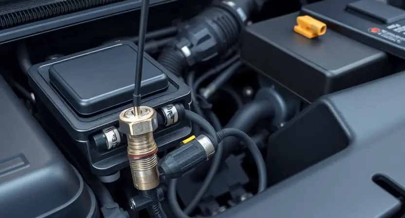 A detailed illustration of a car's engine bay, focusing on the fuel temperature sensor and its connection to the engine control unit (ECU). The sensor should be clearly visible, along with wiring and hoses. The background should be slightly blurred to emphasize the sensor.