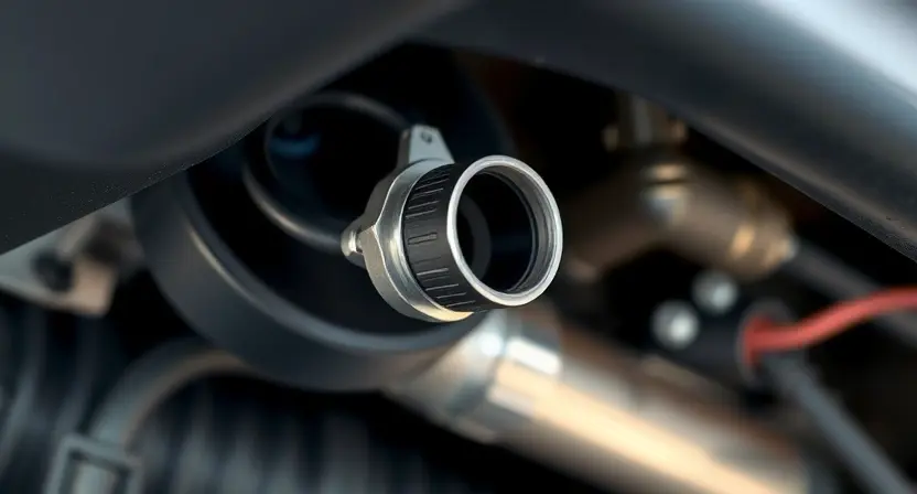 A close-up, detailed image of a car's exhaust system, specifically focusing on the oxygen sensor (lambda sensor). The sensor should be clearly visible, with wiring connected to it. The background should be blurred, suggesting a car engine compartment. The overall lighting should be bright and realistic, highlighting the sensor's components. Focus on the sensor's physical appearance and connections.