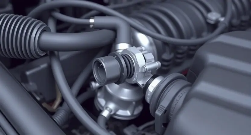 A close-up, detailed illustration of a car's intake manifold with a focus on the mass airflow sensor (MAF sensor). The sensor should be clearly visible, with surrounding engine components subtly in the background. The image should convey a sense of technical precision and diagnostic inspection.