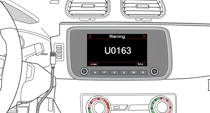 A high-quality technical illustration showing a car's navigation system control module with a warning indicator, abstract wiring and error code U0163 displayed on a digital screen, clean lines, professional lighting, no text or numbers on the image