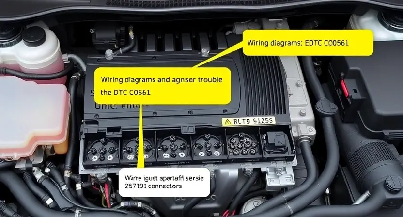 A detailed illustration of a car's engine control unit (ECU) with highlighted diagnostic trouble code (DTC) C0561. Show wiring diagrams and sensor connections related to the error. Focus on the electronic components and their interconnections within the engine bay.