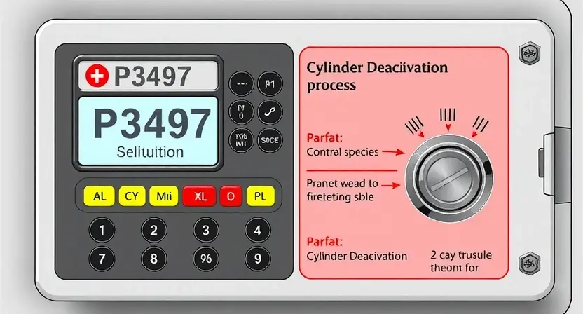 A detailed illustration of a security system's control panel displaying an error message 'P3497'. The panel should show various diagnostic indicators and a visual representation of a cylinder deactivation process. Focus on technical details and clear labeling of components.