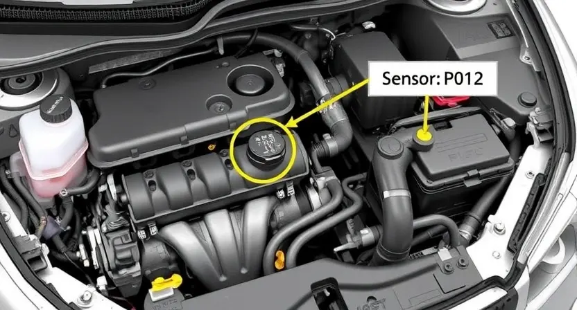 A detailed illustration of a car engine with a highlighted sensor or component related to the P0112 error code (coolant temperature sensor circuit malfunction). The engine should be clean and well-lit, showcasing its internal parts. Focus on the area where the sensor might be located.
