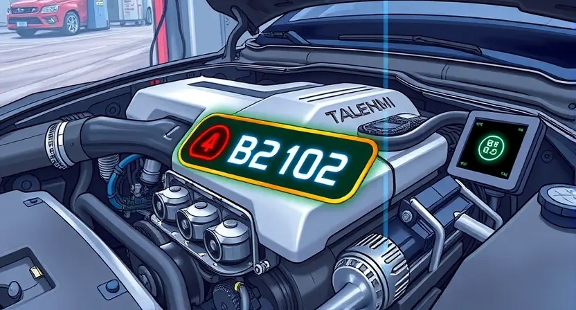 A detailed illustration depicting a car engine with a highlighted error code 'B2102' displayed on a digital dashboard. The engine should be realistically rendered, showcasing various components like pistons, valves, and belts. The dashboard should be modern and clearly show the error code. The background should be a slightly blurred garage setting.