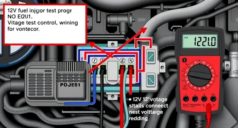 A detailed diagram of an engine control unit (ECU) with fuel injector wiring and connectors. Highlight the P0201 error code and the fuel injector circuit. Show a 12V voltage test probe connected to the connector and a multimeter displaying the voltage reading. Focus on the wiring and components relevant to the diagnostic process.