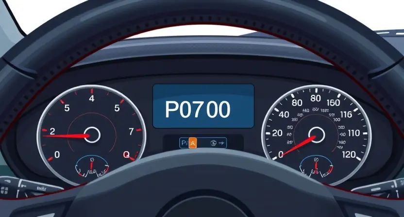 A detailed illustration of a car's dashboard with a P0700 diagnostic code displayed on the screen. The dashboard should be realistically rendered, showing various gauges and indicators. The P0700 code should be clearly visible and easily readable.