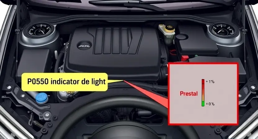 A detailed illustration of a car's engine bay, highlighting the location of the P0550 error code indicator light. Focus on the dashboard area where the light is visible.