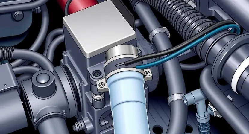 A detailed illustration of a car engine bay, focusing on the coolant temperature sensor and its wiring. The sensor should be clearly visible, along with surrounding hoses and components. The overall scene should convey a sense of technical precision and diagnostic inspection.