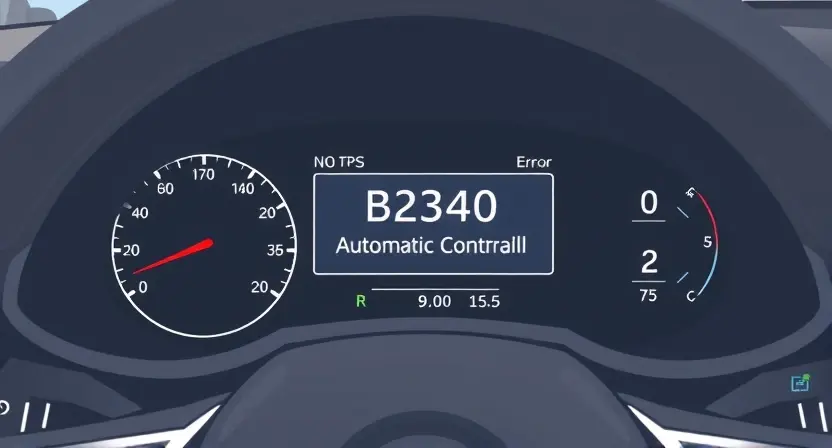 A detailed illustration of a car dashboard with a prominent display showing an error message 'B2340' related to the Automatic Climate Control (ACC) system. The dashboard should also subtly depict the ACC system's components like sensors and controls. The overall aesthetic should be clean and informative, with a focus on the error message and its context within the vehicle's interface.