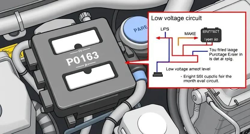 A detailed illustration of an automotive engine control unit (ECU) with a visual representation of a wiring diagram highlighting the low voltage circuit. Include a schematic showing the voltage levels and potential causes of the P0163 code. The image should be clean and professional, suitable for a technical manual.