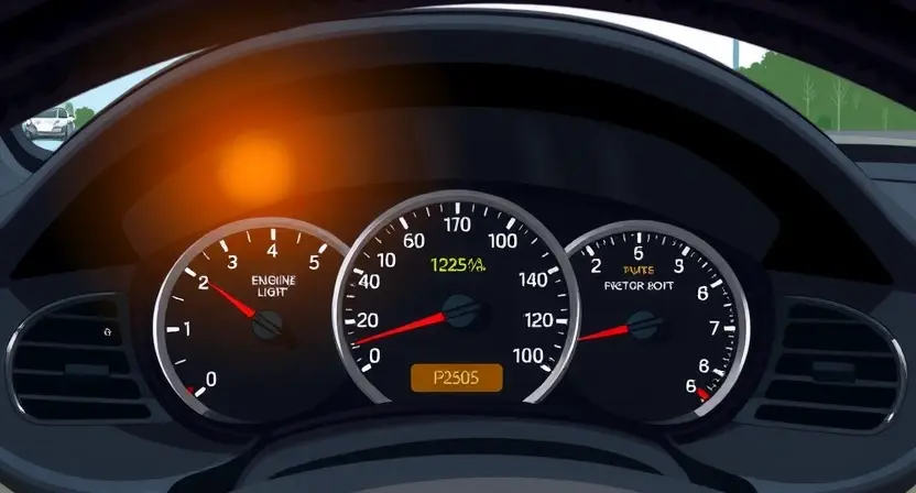 A detailed illustration of a car dashboard with the check engine light illuminated, indicating a P2505 error code. The dashboard should show various gauges and indicators, with a focus on the illuminated warning light. The background should be a generic car interior with a blurred view of the road ahead.