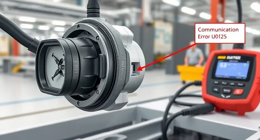 A detailed technical illustration showing a multi-axis acceleration sensor with visible wiring and connectors, highlighting a broken or loose wire connection causing communication loss, set against a clean industrial background with diagnostic tools nearby, emphasizing the error U0125 context