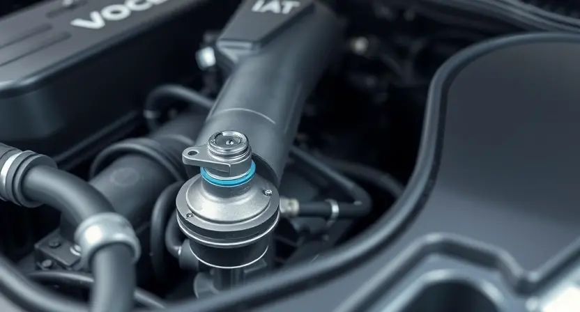A close-up, detailed illustration of a car's engine bay, focusing on the intake manifold and the area around the Intake Air Temperature (IAT) sensor. The sensor should be clearly visible, with subtle wiring connections. The overall lighting should be bright and clean, highlighting the components. The background should be slightly blurred to emphasize the engine components. The image should convey a sense of technical precision and clarity.