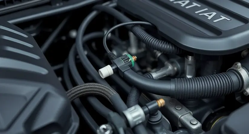 A close-up, detailed illustration of an engine bay with a focus on the Intake Air Temperature (IAT) sensor and its associated wiring. The sensor should be clearly visible, along with surrounding components like hoses and the intake manifold. The image should convey a sense of technical precision and clarity, highlighting the sensor's location and connections. The overall lighting should be bright and even, emphasizing the details of the components. The background should be slightly blurred to ke
