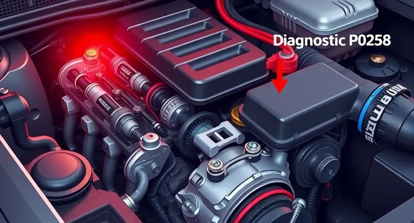 A detailed illustration of a car engine with a diagnostic light illuminated, highlighting the P0258 error code. The engine should be realistically rendered, showcasing various components like spark plugs, fuel injectors, and sensors. The diagnostic light should be clearly visible and glowing red.