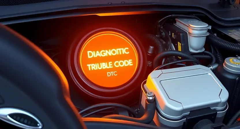 A detailed illustration of a car's engine bay with a diagnostic trouble code (DTC) light illuminated. The image should focus on the dashboard area where the light is visible, with various engine components subtly in the background. The overall color scheme should be realistic and automotive-focused.