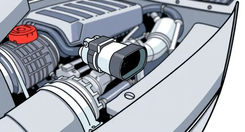 A close-up, detailed illustration of a car's engine bay with a focus on the mass airflow sensor (MAF sensor). The sensor should be clearly visible, with surrounding engine components subtly in focus. The overall lighting should be bright and clean, highlighting the sensor's details.
