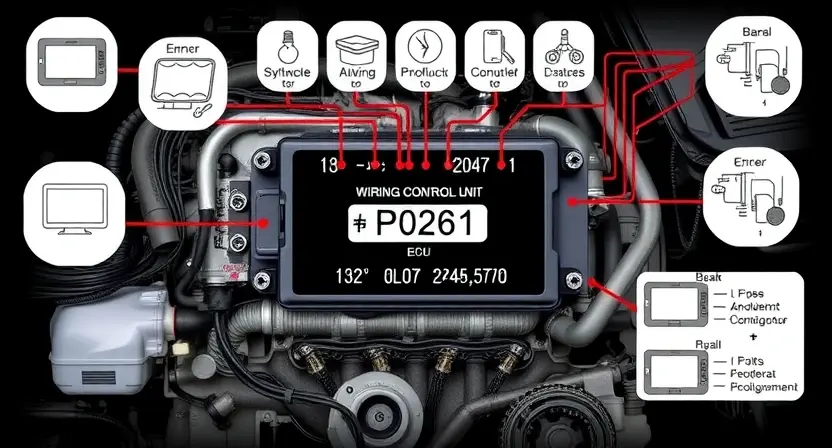 A detailed illustration of an engine control unit (ECU) with wiring diagrams and diagnostic tools surrounding it. Focus on the P0261 error code indicator and its associated components.