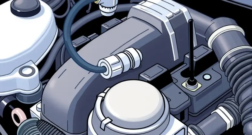 A close-up, detailed illustration of a car engine bay with a highlighted temperature sensor. The sensor should be clearly visible, with wires connected to it. Focus on the sensor's physical appearance and its location within the engine compartment. Include other engine components subtly in the background to provide context, but keep the focus on the sensor.