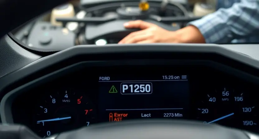 A close-up shot of a Ford vehicle's dashboard displaying a diagnostic screen with the error code P1260 highlighted. The background should show a mechanic's hands working on the car's engine, subtly blurred. Focus on the dashboard display and the error code.