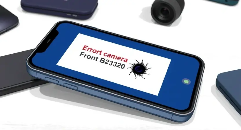 A close-up, detailed illustration of a smartphone displaying an error message related to the front camera malfunction. The phone's screen should show the error code B2320 and a visual representation of a broken or distorted camera lens. The background should be a blurred view of a modern desk with tech accessories.