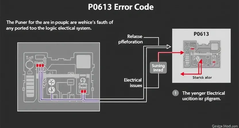 A detailed illustration of a P0613 error code, visually representing the concept of a potential issue in a vehicle's electrical system. Include diagrams of wiring and components related to the error, with a focus on the affected area. The image should be informative and easy to understand for someone unfamiliar with automotive diagnostics.