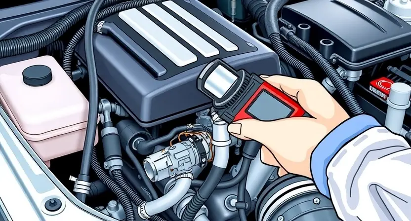 A detailed illustration of a car engine bay, focusing on the intake manifold and the solenoid valve. Highlight the valve and its wiring with clear, bright colors. Show a mechanic's hands inspecting the valve with a diagnostic tool. The overall scene should be clean and well-lit, emphasizing the technical aspects of the repair.