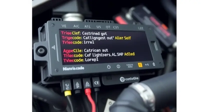 A close-up, detailed illustration of a car's engine control unit (ECU) with highlighted diagnostic error codes. Focus on the electronic components and wiring within the ECU. The background should be a slightly blurred automotive repair shop environment.