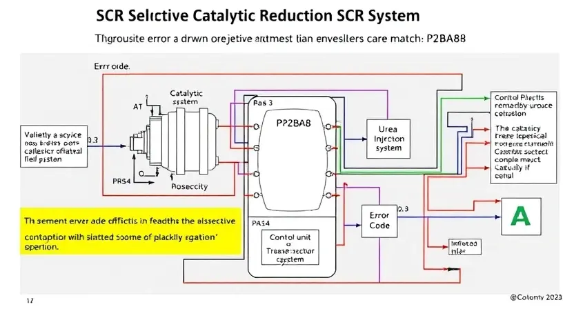 A detailed schematic diagram of a Selective Catalytic Reduction (SCR) system, highlighting the P2BA8 error code and its potential impact on the system's operation. Include visual representations of key components like the catalyst, urea injection system, and control unit. Focus on clarity and technical accuracy.