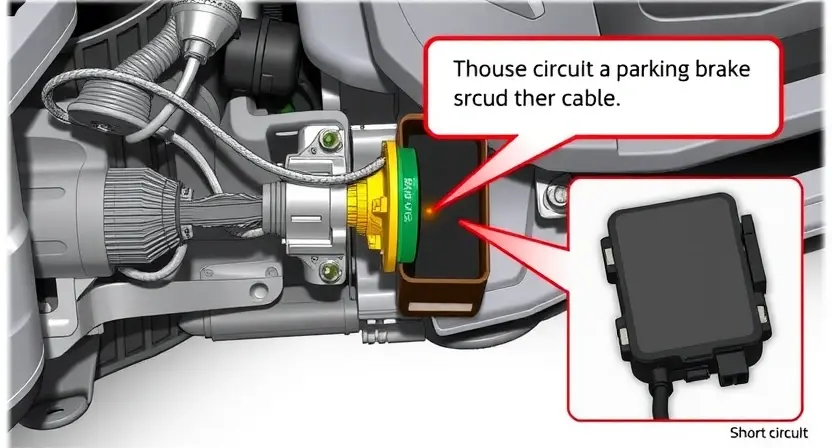 A detailed illustration of a car's parking brake system, highlighting the components involved in the C0566 error. Show a close-up of the brake cable, the actuator, and the electronic control unit (ECU). Use visual cues to indicate a short circuit, such as a spark or damaged wiring. The background should be a clean, technical environment.