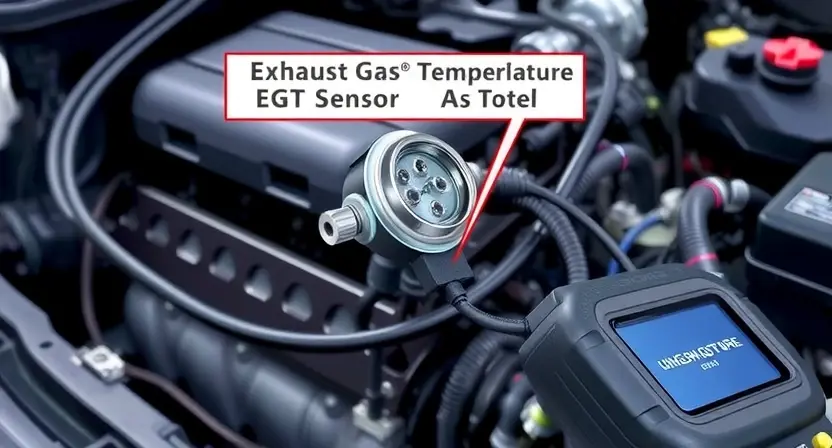 A detailed illustration of an engine bay with a focus on the exhaust gas temperature (EGT) sensor and its associated wiring. The sensor should be clearly visible, along with the wiring harness and diagnostic tools. The background should be slightly blurred to emphasize the sensor.