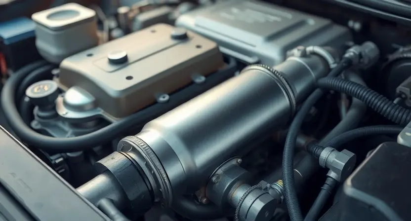 A close-up, detailed illustration of a car's engine bay, focusing on the catalytic converter and associated exhaust system components. The image should depict a slightly hazy or smoky atmosphere around the catalytic converter, subtly suggesting a lean fuel mixture. The overall lighting should be realistic, highlighting the metallic surfaces and intricate details of the engine components. The focus should be sharp on the catalytic converter area, with the rest of the engine bay slightly blurred t