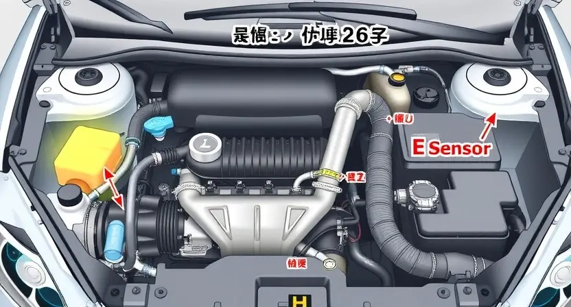 A detailed illustration of a car's engine bay, focusing on the catalytic converter and related components. The image should clearly show the P0716 error code indicator light illuminated on the dashboard. Include visual cues representing potential causes like exhaust leaks or faulty sensors.