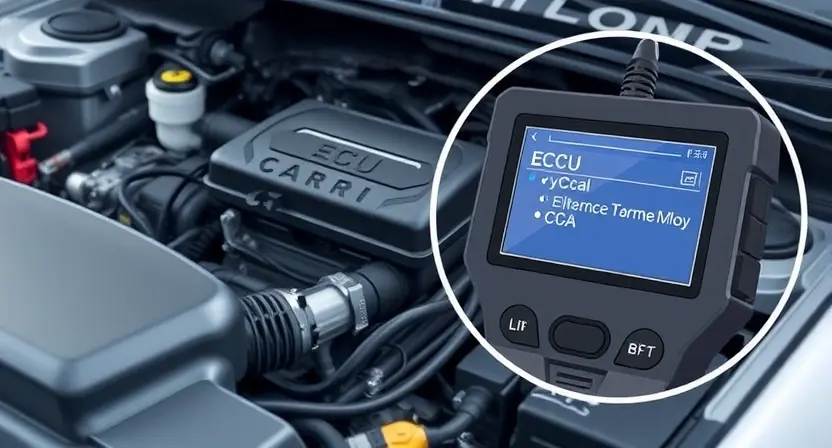 A detailed illustration of a car's engine bay, focusing on the electronic control unit (ECU) and wiring harness. The ECU should be clearly visible, with diagnostic lights illuminated. Show a close-up of a diagnostic tool connected to the ECU, displaying error codes. The background should be slightly blurred to emphasize the technical details.