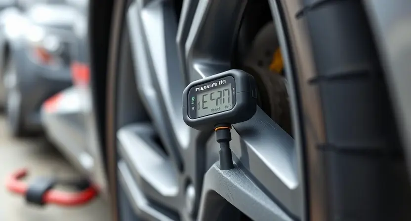 A close-up of a car tire with a digital pressure monitoring sensor attached to the valve stem, showing a red error indicator or warning light on the sensor display, with a blurred automotive workshop background and subtle motion blur to suggest diagnostic activity; no text, letters, or digits visible on any surface