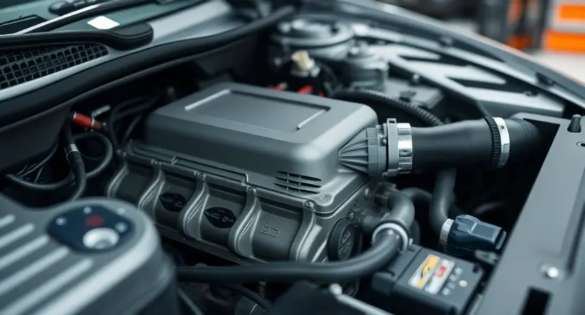 A close-up, detailed image of a car's engine bay, specifically focusing on the throttle body and related components. The engine should appear clean and well-maintained. Highlight the throttle body with subtle lighting to draw attention to it. Include visible wiring and hoses, but keep the overall composition uncluttered and professional. The background should be slightly blurred, suggesting a garage or workshop environment.