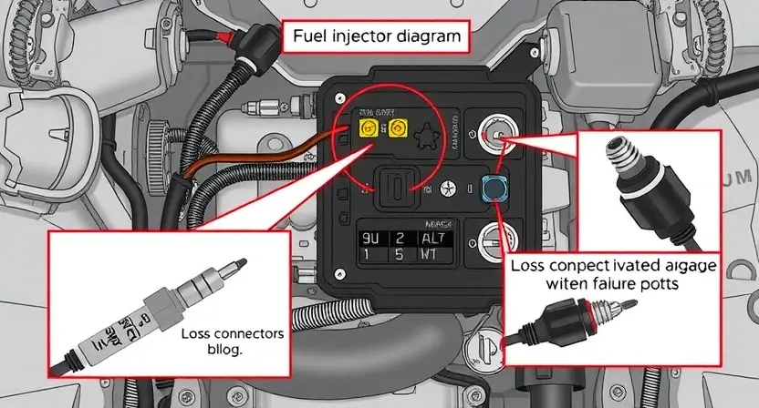 A detailed illustration of an engine control unit (ECU) with a highlighted fuel injector circuit diagram. Focus on the wiring and components related to the P0203 code. Include visual representations of potential failure points like a loose connection or a damaged injector. The background should be a clean, technical environment.
