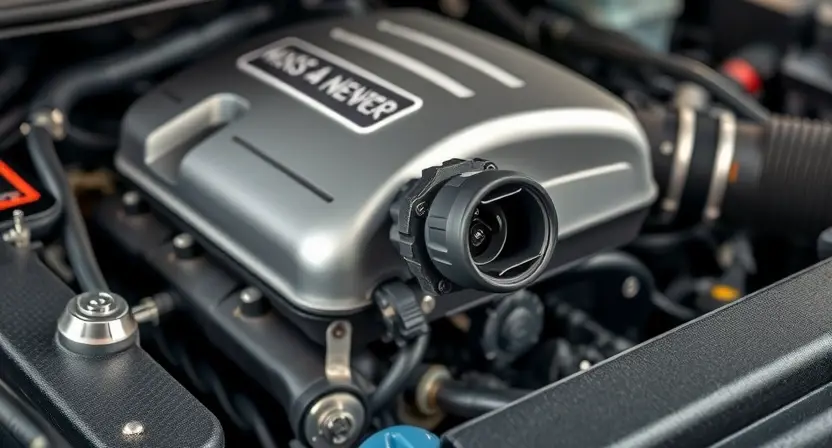 A close-up, detailed image of a car's engine bay. Focus on the mass airflow sensor (MAF sensor) and its surrounding components. The engine should appear clean and well-maintained. Use bright, even lighting to highlight the sensor's details.