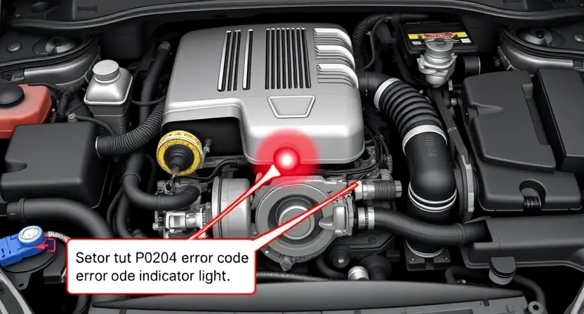 A detailed illustration of an automotive engine bay with a focus on the P0204 error code indicator light. The engine should be partially disassembled to reveal relevant components like the intake manifold, throttle body, and wiring harness. The error code light should be clearly visible and illuminated. The overall style should be realistic and informative, suitable for a technical manual.