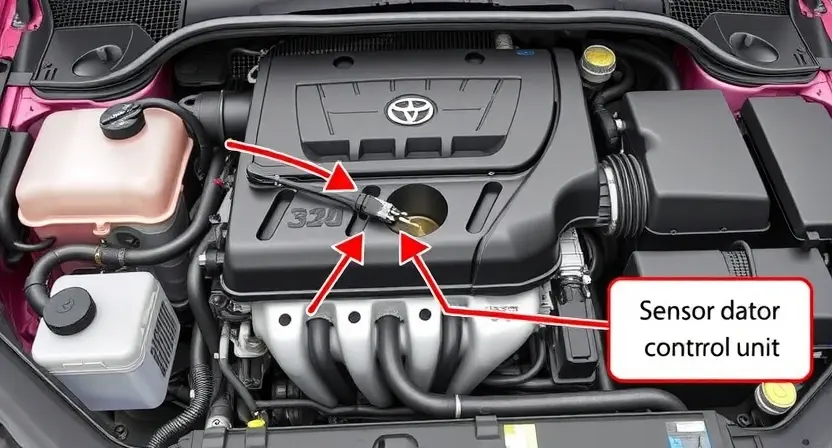 A detailed illustration of a car's engine bay, highlighting the position and function of a C1240 sensor. The sensor should be clearly visible, with arrows indicating the flow of data to the car's control unit. Include surrounding engine components for context. Focus on technical accuracy and clarity.