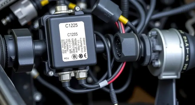 A close-up, detailed illustration of a car's power steering system, highlighting the electronic control unit (ECU) and wiring harness. Focus on the connections and components related to the C1225 error code. The background should be a slightly blurred automotive repair shop environment.