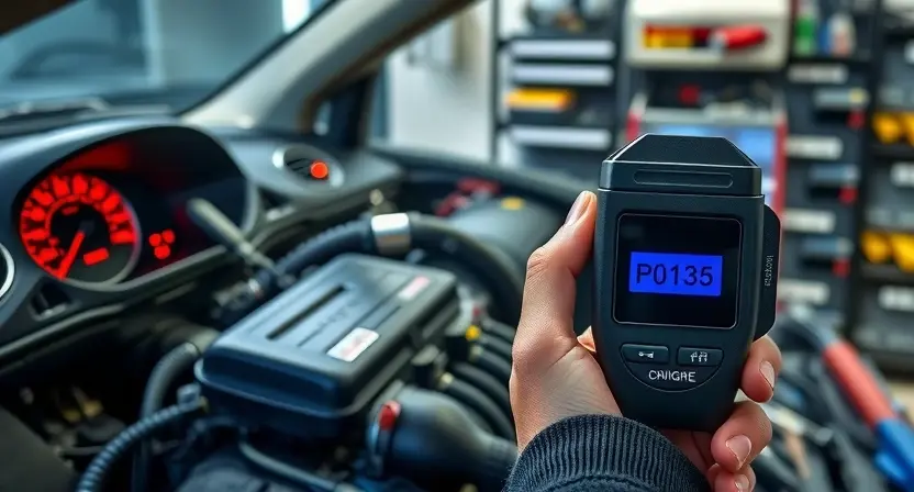A detailed automotive diagnostic scene showing a car engine with a check engine light illuminated on the dashboard, a mechanic using an OBD-II scanner connected to the port under the steering wheel, and a close-up of the scanner display showing error code P0125. Include visual cues like coolant temperature sensor wiring, a thermostat housing, and faint steam or condensation near the radiator to imply insufficient coolant temperature. The setting is a well-lit garage with tools scattered nearby,