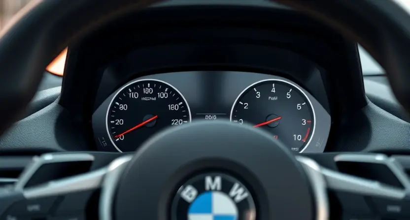 A close-up shot of a BMW car dashboard displaying a warning light. The dashboard should be clean and modern, focusing on the instrument cluster and the warning indicator. The background should be blurred to emphasize the dashboard.