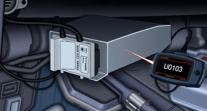 A detailed technical illustration showing a vehicle's electronic gear selector module with visible wiring harness and communication lines, diagnostic tools connected to the OBD-II port, and error code U0103 displayed on a scan tool screen, set in a professional automotive repair environment with soft workshop lighting