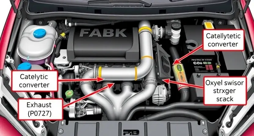 A detailed illustration of a car's engine bay, highlighting the catalytic converter and exhaust system. Focus on the components related to the P0727 error code, such as the oxygen sensors and the exhaust flow. The image should be clean and informative, with clear labels pointing to the relevant parts.