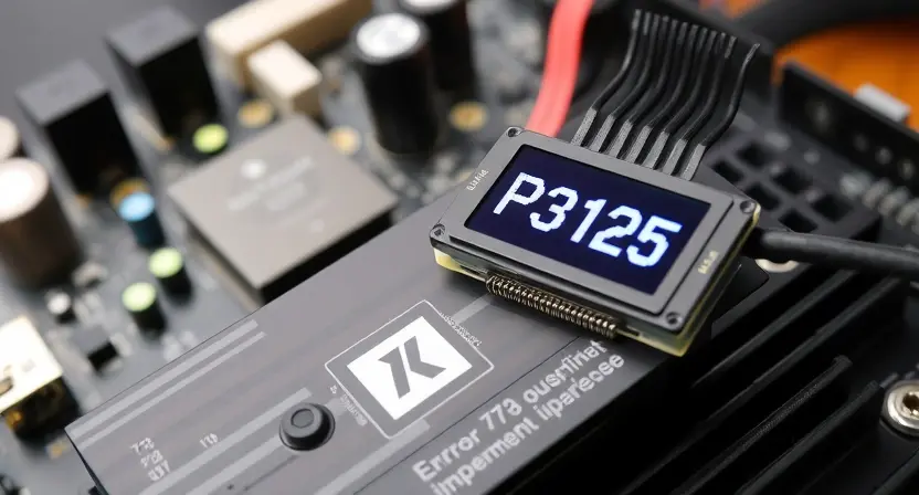 A close-up, detailed illustration of a computer motherboard with a highlighted error code 'P3125' displayed on a small LCD screen connected to the motherboard. Focus on the electronic components and the error message. The background should be blurred, suggesting a technical workspace.