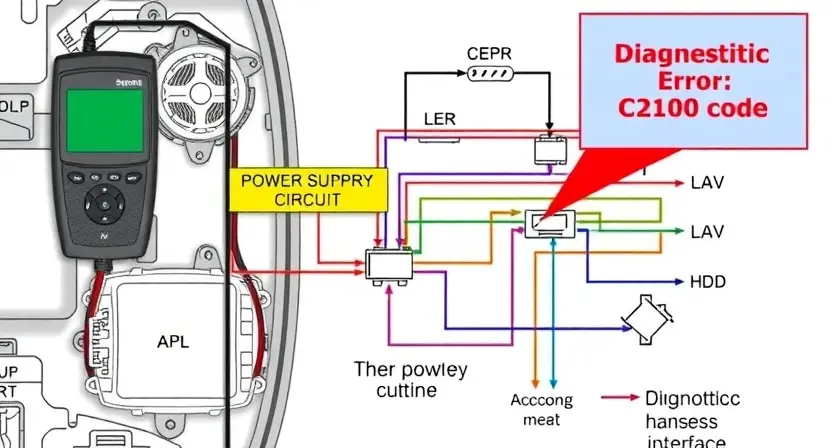 A detailed schematic diagram of a car's electrical system, highlighting the power supply circuit and a diagnostic tool connected to it. The diagram should show various components like the battery, alternator, wiring harness, and diagnostic interface. Focus on the area related to the C2100 error code.
